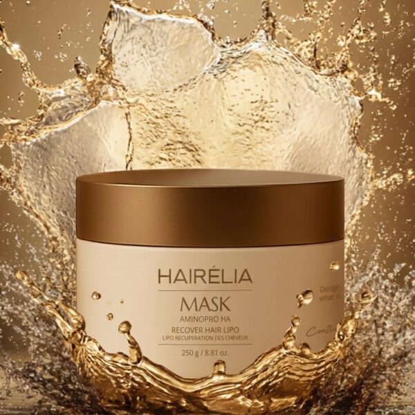 Hairelia Aminopro HA Recover Hair Lipo mask jar with a dynamic golden liquid splash background